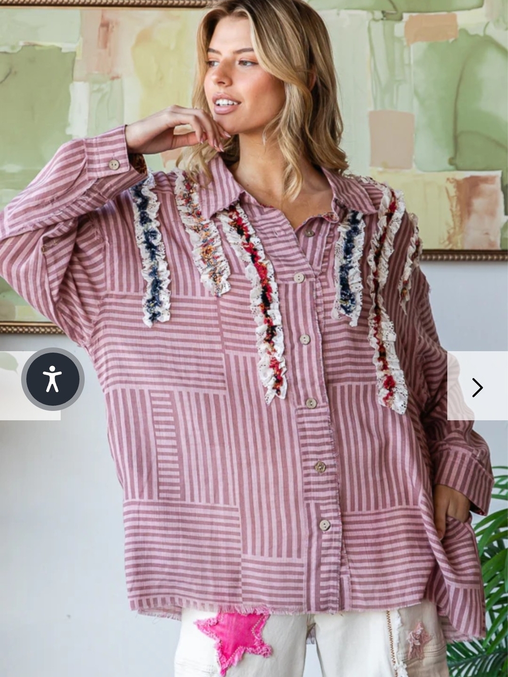 Oli & Hali Striped Pink , Berry Lace Embellished Button-Up Shirt - Picture 4 of 4